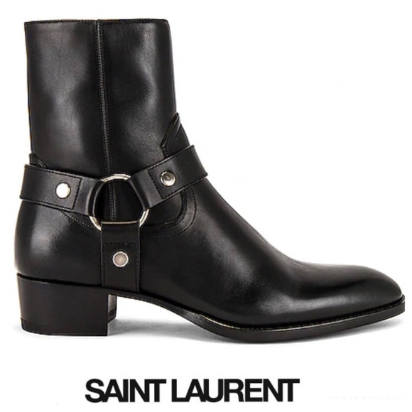 140 SAINT LAURENT Wyatt 40 Harness Black Leather Ankle Boots Sz 40 / 9 1/2 - Picture 1 of 14